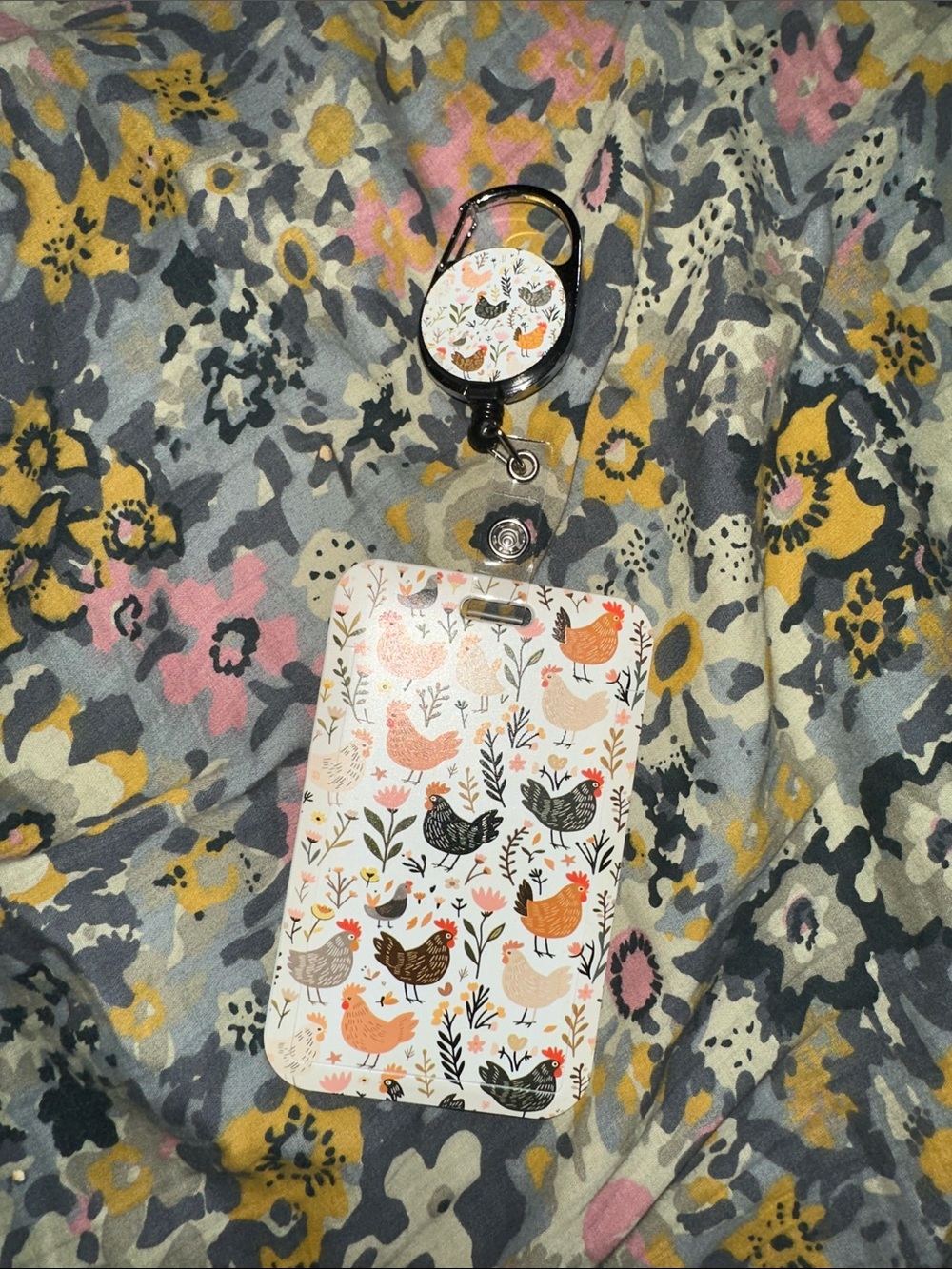 Floral Chicken ID Badge Holder with Matching Reel — White, Orange, Black, Pink
